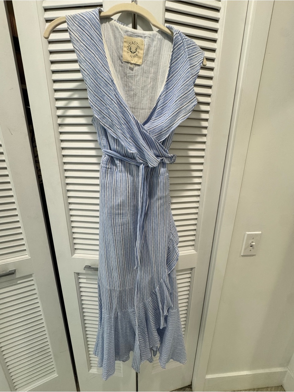 Fantastic Fawn Light Blue and White Striped Wrap High-Low Dress